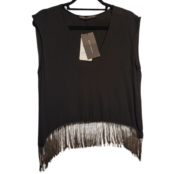 ZARA Black Chain Fringe Sleeveless Top Womens S Dressy Party Grunge Sexy Relaxed - Picture 2 of 11
